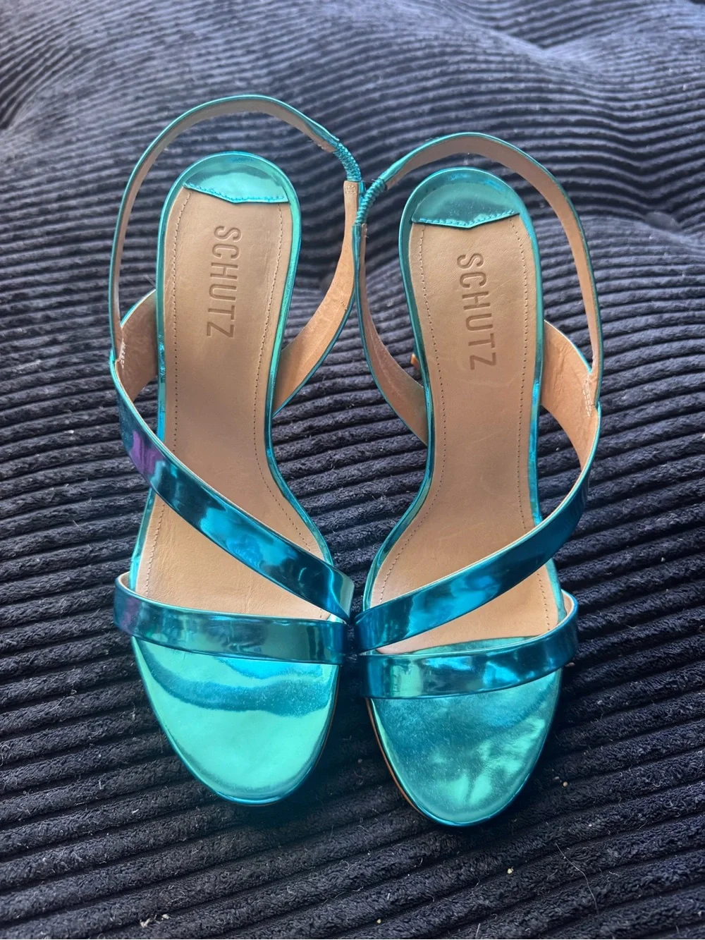 SCHUTZ Metallic Teal Strappy Slingback Heels size 9 - Picture 1 of 4